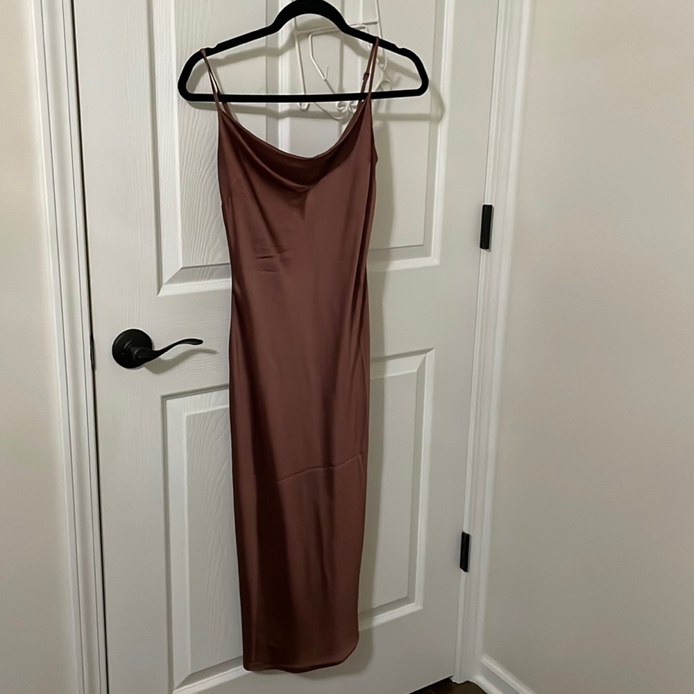 Brown silk long dress with two slits at the bottom very short slits